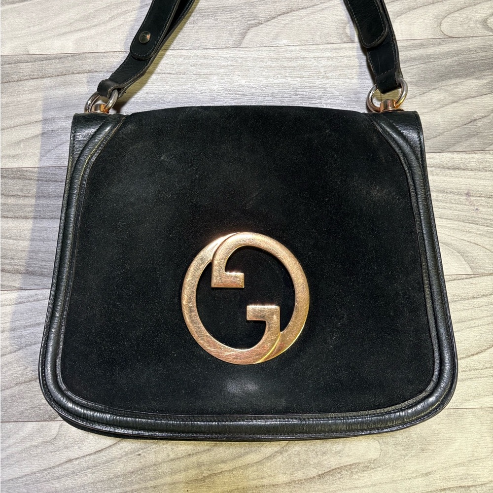 Vintage Gucci Blondie Shoulder Bag Handbag Black Suede Gold Accents
